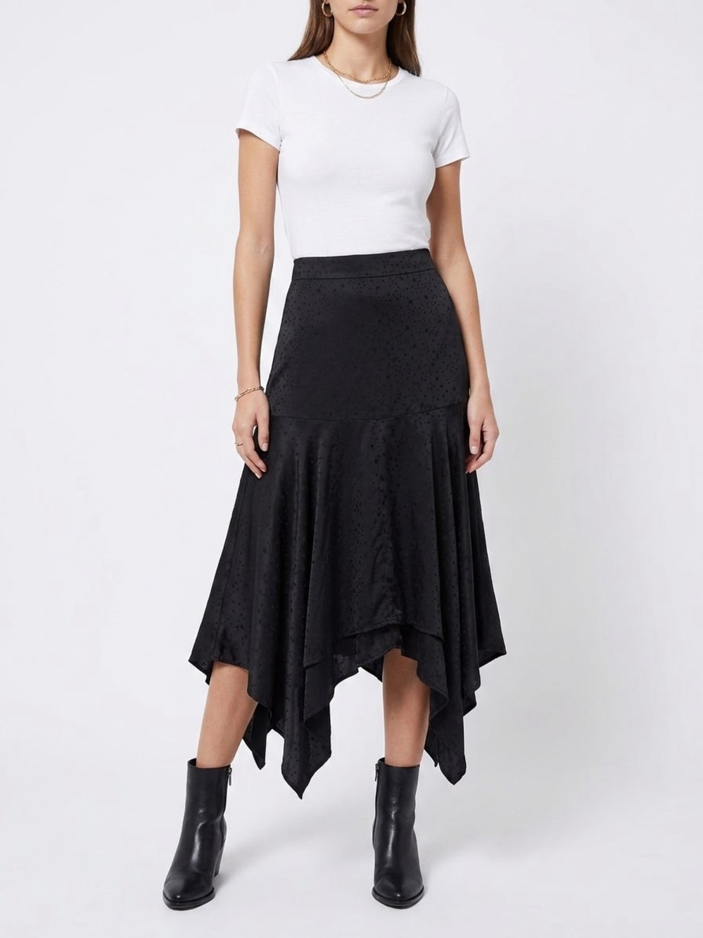 The Kooples Black Star Print Asymmetrical Viscose Midi Skirt (Silk Look) Size 2